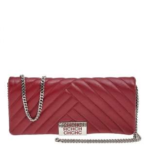 Pre Owned CH Carolina Herrera Red Chevron Leather Bimba Chain Flap Shoulder Bag
