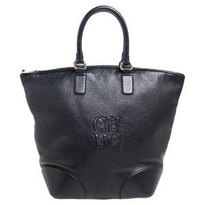 Pre Owned Carolina Herrera Black Leather Top Zip Shopper Tote