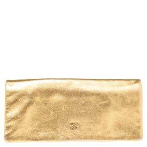 Pre Owned Carolina Herrera Metallic Gold Leather Logo Flap Clutch