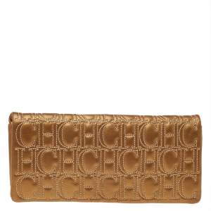 Pre Owned Carolina Herrera Gold Monogram Leather Flap Clutch