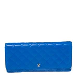 Pre Owned Carolina Herrera Blue Quilted Leather Long Trifold Wallet