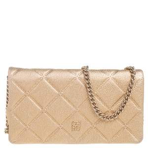 Pre Owned Carolina Herrera Metallic Gold Quilted Leather Flap Chain Shoulder Bag