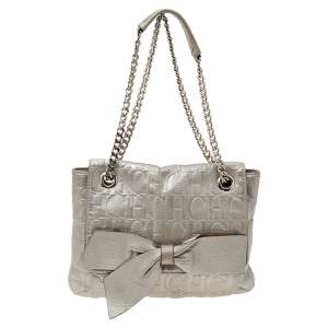 Pre Owned Carolina Herrera Silver Monogram Embossed Leather Bow Flap Shoulder Bag