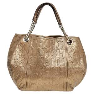 Pre Owned Carolina Herrera Gold Monogram Embossed Leather Chain Hobo