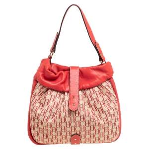 Pre Owned Carolina Herrera Red/Off White Monogram Canvas and Leather Hobo