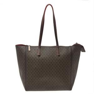 Pre Owned Carolina Herrera Dark Brown Monogram Leather Shopper Tote