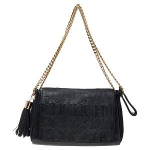 Pre Owned Carolina Herrera Black Leather Chain Flap Shoulder Bag