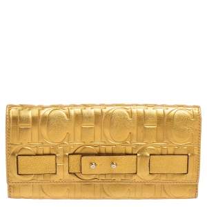 Carolina Herrera Metallic Gold Embossed Leather Flap Continental Wallet