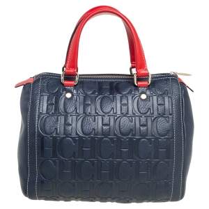 Carolina Herrera Navy Blue/Red Monogram Embossed Leather Andy Boston Bag