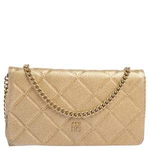 Pre Owned Carolina Herrera Gold Leather Flap Chain Shoulder Bag