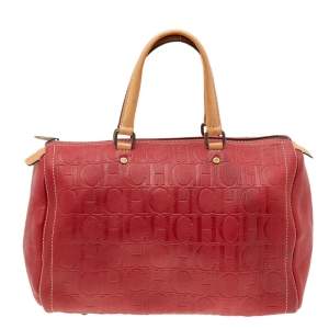 Pre Owned Carolina Herrera Red Monogram Embossed Leather Large Andy Boston Bag