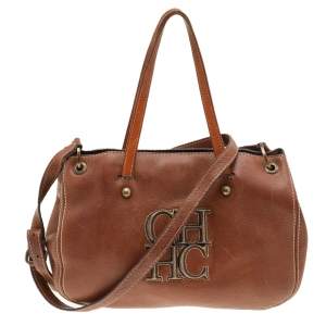 Pre Owned Carolina Herrera Brown Leather Logo Detail Tote