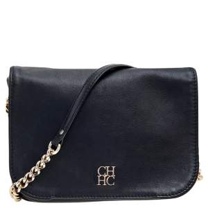 Carolina Herrera Black Leather Chain Flap Shoulder Bag