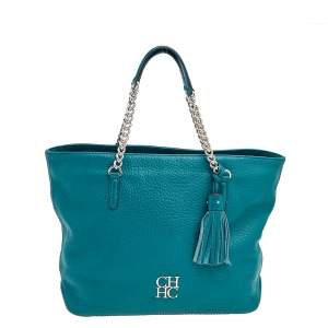 Pre Owned Carolina Herrera Dark Green Leather Tassel Zip Tote