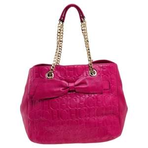 Pre Owned Carolina Herrera Pink Monogram Embossed Leather Audrey Tote