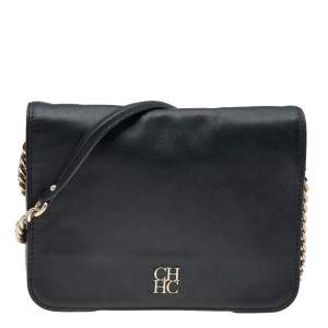 Pre Owned Carolina Herrera Black Leather Flap Shoulder Bag