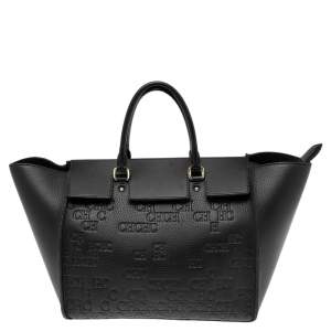 Pre Owned Carolina Herrera Black Monogram Embossed Leather Vendome Tote