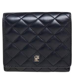 Pre Owned Carolina Herrera Black Quilted Leather Trifold Compact Wallet