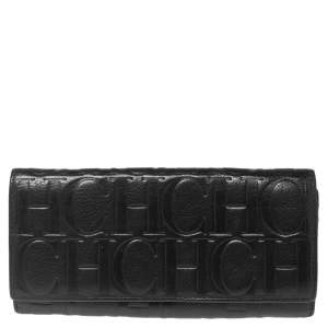 Pre Owned Carolina Herrera Black Monogram Embossed Leather Flap Continental Wallet