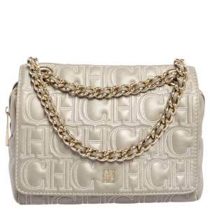 Pre Owned Carolina Herrera Grey Embossed Leather Flap Shoulder Bag