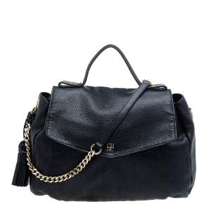 Pre Owned Carolina Herrera Black Monogram Embossed Leather Tassel Flap Top Handle Bag
