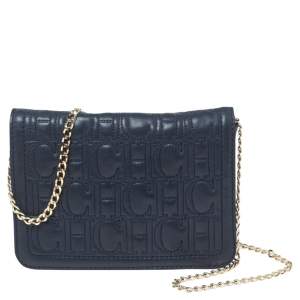 Pre Owned Carolina Herrera Navy Blue Quilted Leather Flap Chain Clutch