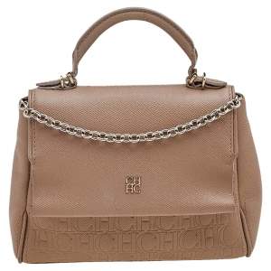 Carolina Herrera Beige Leather Monogram Embossed Minuetto Top Handle Bag