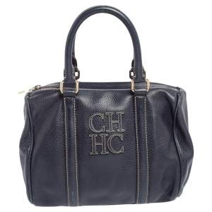 Pre Owned Carolina Herrera Navy Blue Leather Andy Boston Bag