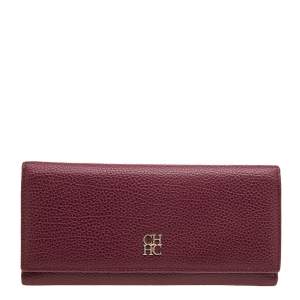 Pre Owned Carolina Herrera Burgundy Grained Leather Flap Continental Wallet