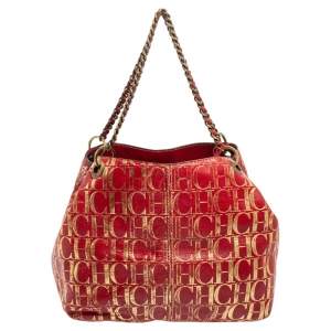 Pre Owned Carolina Herrera Red/Gold Monogram Leather Chain Tote