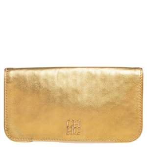 Pre Owned Carolina Herrera Metallic Gold Leather Logo Flap Clutch
