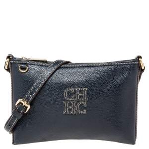 Pre Owned Carolina Herrera Navy Blue Leather Logo Crossbody Bag