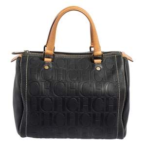 Pre Owned Carolina Herrera Black Monogram Embossed Leather Andy Boston Bag