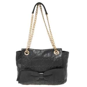 Pre Owned Carolina Herrera Black Monogram Embossed Leather Audrey Shoulder Bag