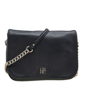 Pre Owned Carolina Herrera Black Leather Flap Crossbody Bag