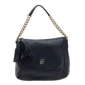 Pre Owned CH Carolina Herrera Black Leather Tassel Shoulder Bag