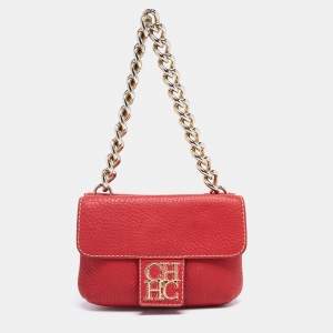 Pre Owned Carolina Herrera Red Leather Flap Shoulder Bag