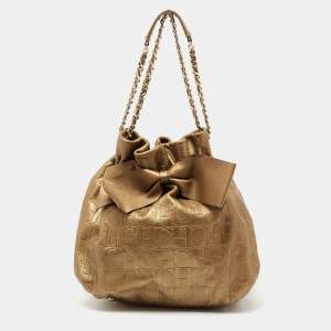 Pre Owned Carolina Herrera Metallic Bronze Embossed Leather Bow Bucket Shoulder Bag