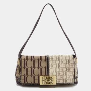 Pre Owned Carolina Herrera Brown/Beige Monogram Canvas and Leather Shoulder Bag