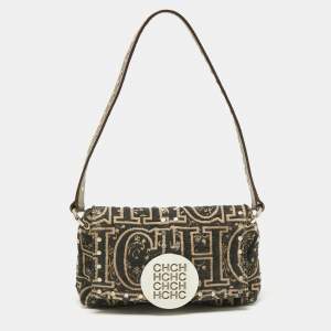 Pre Owned CH Carolina Herrera Black/Beige Embroidered Canvas Monogram Baguette Bag