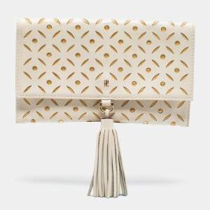 Pre Owned Carolina Herrera Off White/Gold Laser Cut Leather Tassel Clutch