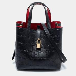 Pre Owned Carolina Herrera Black Monogram Embossed Leather Small Matryoshka Locked Tote