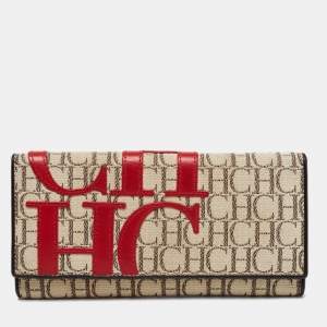 Pre Owned Carolina Herrera Beige/Red Caracas Canvas And Leather Trifold Wallet