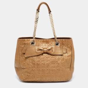 Pre Owned CH Carolina Herrera Gold Monogram Embossed Leather Audrey Tote