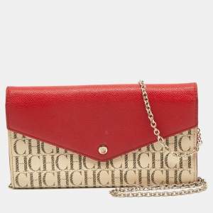 Pre Owned CH Carolina Herrera White/Red Monogram Coated Canvas and Leather Wallet On Chain