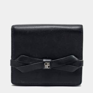 CH Carolina Herrera Black Leather Bow Compact Wallet