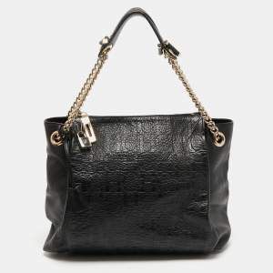 Carolina Herrera Black Monogram Embossed Leather Zip Shoulder Bag