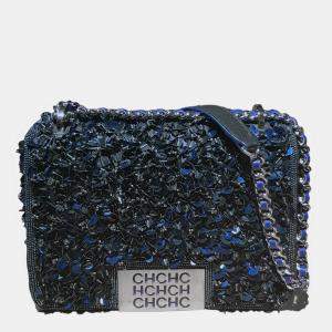CH Carolina Herrera Black/Blue Sequin, Beaded and Leather Flap Shoulder Bag