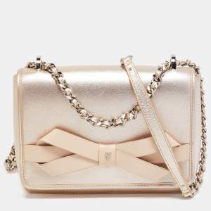 Pre Owned CH Carolina Herrera Pale Gold Leather Bow Flap Shoulder Bag