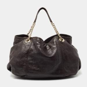 Carolina Herrera Dark Brown Monogram Embossed Leather Poppy Chain Hobo